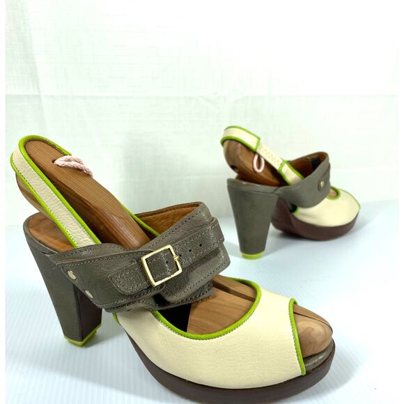 Chie Mihara Shoes - CHIE MIHARA Peep Toe Platform Heels Size 6 Leather Colorblock Wood Heel Retro
